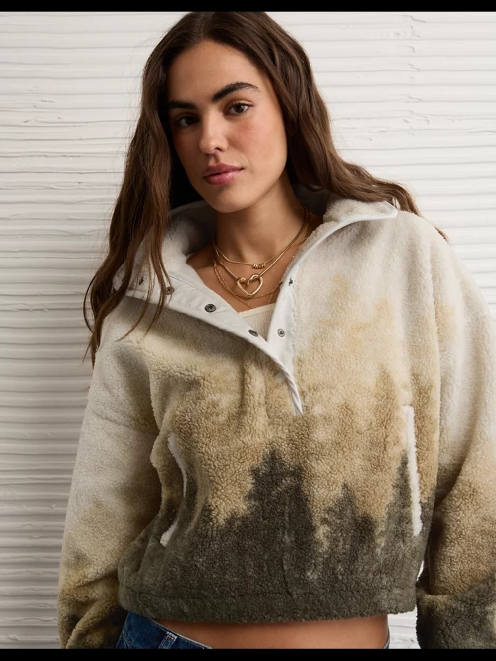 American Eagle Outfitters Cream Forest Sherpa Snap-Front Pullover